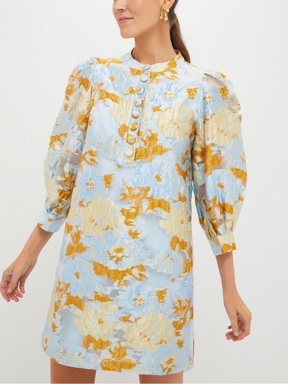 Pomander Place Jessamine Jacquard Samantha Dress Mini Blue Gold Cream Size M